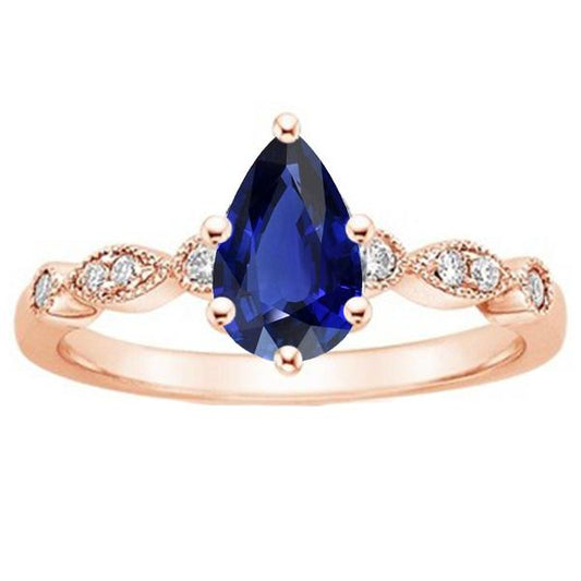 Rose Gold Sapphire Ring Vintage Style Pear & Round Diamonds 4 Carats - Gemstone Ring-harrychadent.ca