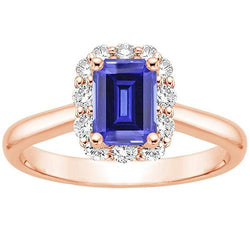Rose Gold Women's Halo Ceylon Sapphire Emerald & Diamond Ring 4 Carats
