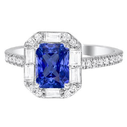 Round & Baguette Natural Earth Mined Diamond Halo Ring 3.50 Carats Radiant Shaped Sapphire