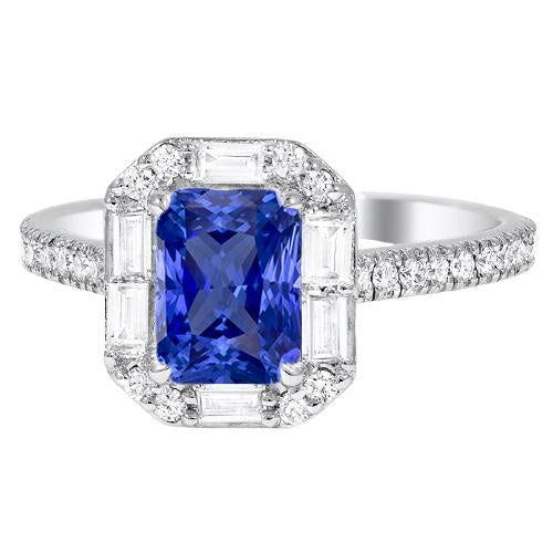 Round & Baguette Diamond Halo Ring 3.50 Carats Radiant Shaped Sapphire - Gemstone Ring-harrychadent.ca