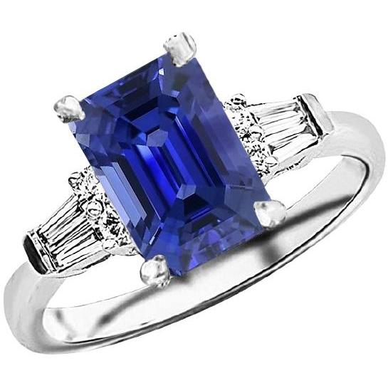 Round & Baguette Diamond Sri Lankan Sapphire Ring Emerald Cut 4 Carats - Gemstone Ring-harrychadent.ca