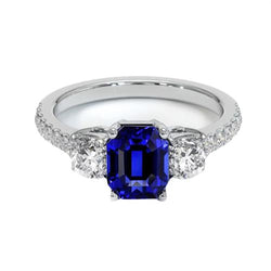 Emerald Blue Sapphire 3 Stone Style Ring With Accents 7 Carats Gold 14K