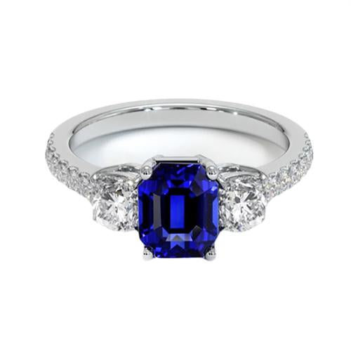 Round Blue Sapphire 3 Stone Style Ring With Accents 7 Carats Gold 14K - Gemstone Ring-harrychadent.ca