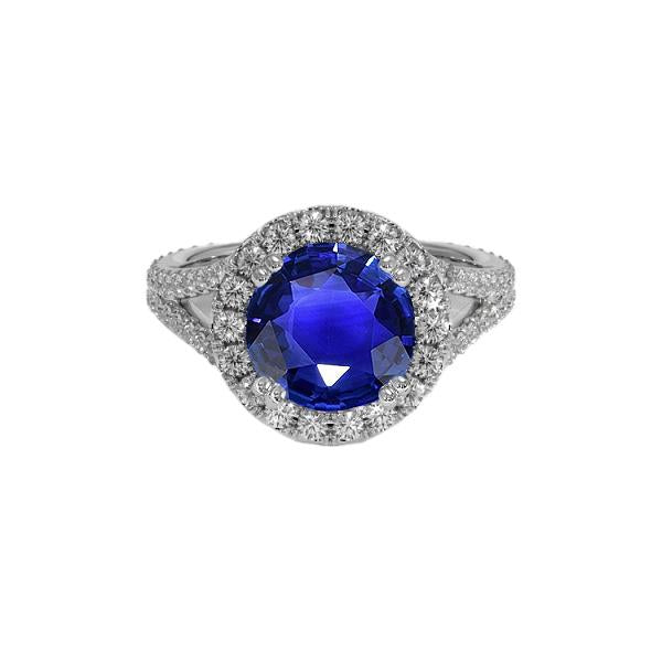 Round Blue Sapphire & Halo Diamond Engagement Ring 10 Carats New - Gemstone Ring-harrychadent.ca