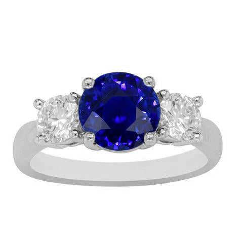 Round Diamond 3 Stone Gemstone Ring Natural Blue Sapphire 3 Carats - Gemstone Ring-harrychadent.ca