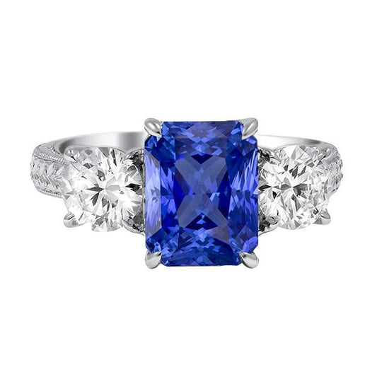 Round Diamond 3 Stone Ring Ceylon Sapphire 3.50 Carats Milgrain Gold - Gemstone Ring-harrychadent.ca