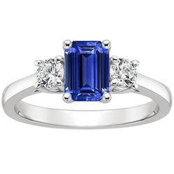 Round Natural Earth Mined Diamond 3 Stone Ring With Emerald Ceylon Sapphire 4.50 Carats