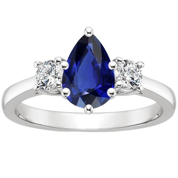 Round Diamond 3 Stones Ring Pear Cut Ceylon Sapphire 3 Carats - Gemstone Ring-harrychadent.ca