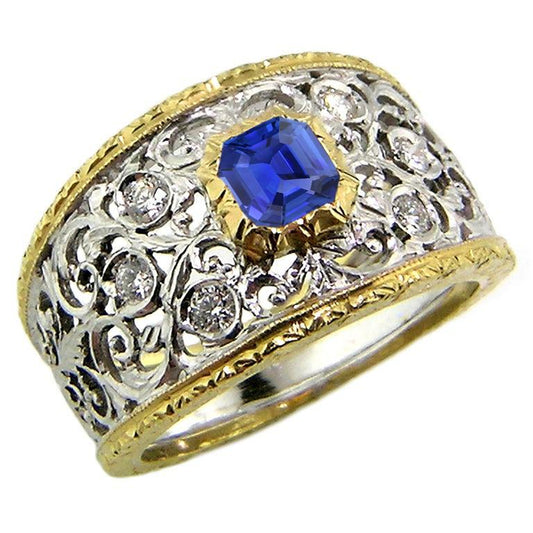 Round Diamond Bezel Asscher Sapphire Ring Two Tone Filigree 2 Carats - Gemstone Ring-harrychadent.ca