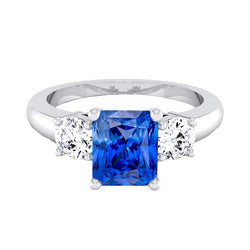 Round Natural Earth Mined Diamond Blue Sapphire Anniversary Ring 2.50 Carats Women 3 Stone