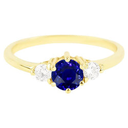 Round Natural Earth Mined Diamond Ceylon Sapphire Ring 2 Carats 3 Stone Yellow Gold Prongs