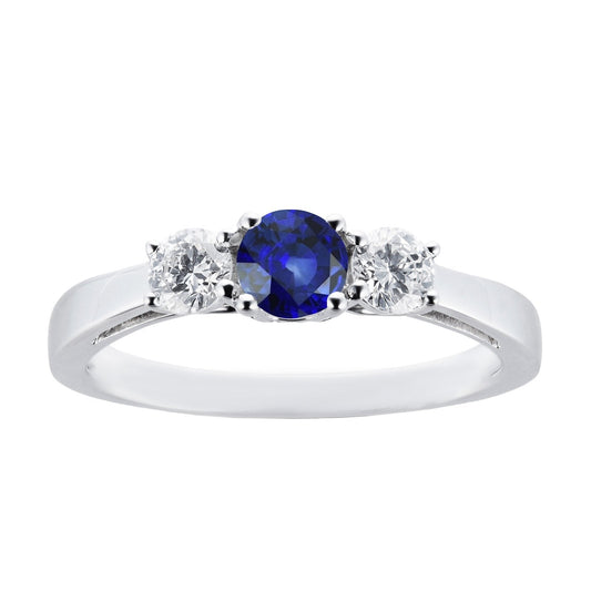 Round Diamond & Ceylon Sapphire Ring 3 Carats 3 Stone White Gold 14K - Gemstone Ring-harrychadent.ca