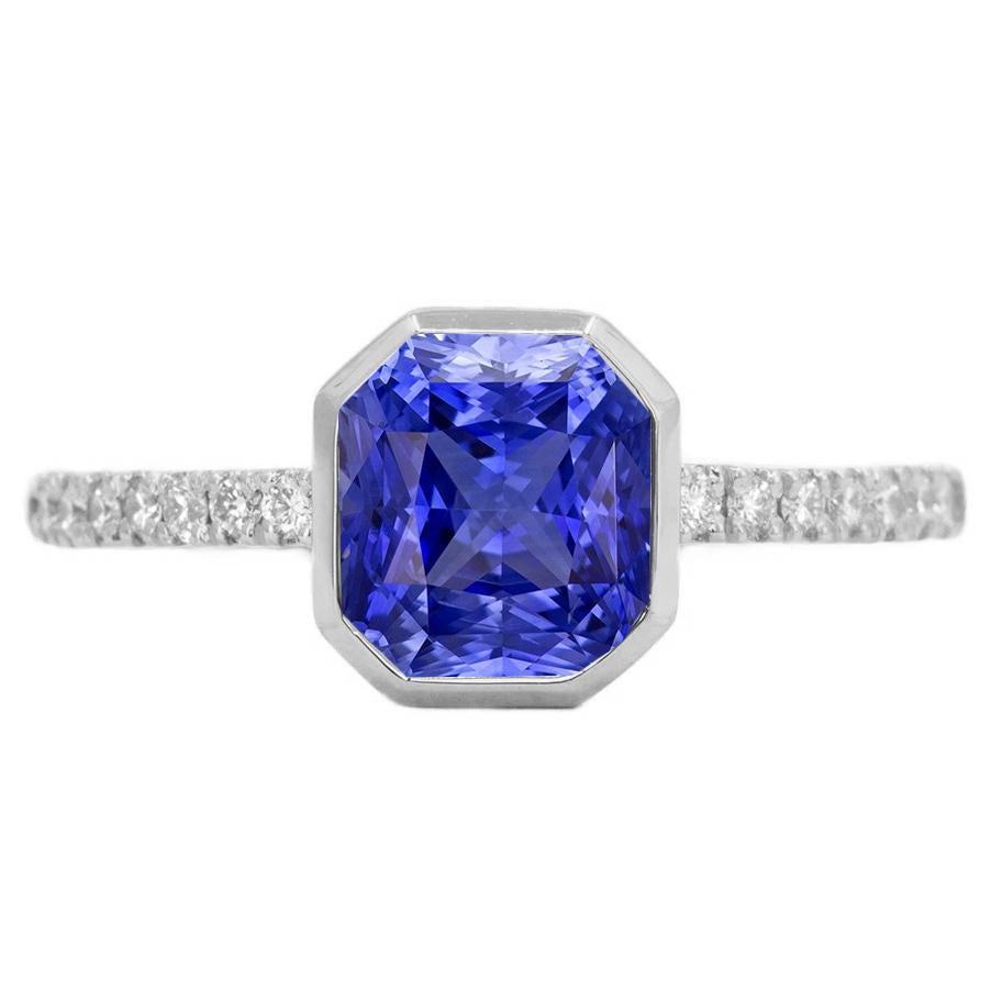 Round Diamond Ceylon Sapphire Ring Bezel Set 4 Carats Pave Set Accents - Gemstone Ring-harrychadent.ca