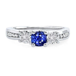 Round Natural Earth Mined Diamond Cushion Sapphire Gemstone Ring 2 Carats 3 Stone Style