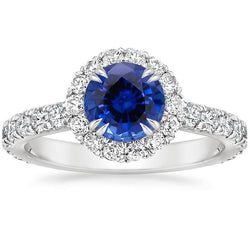 Round Natural Earth Mined Diamond Engagement Ring Halo Ceylon Sapphire Jewelry 3.50 Carats