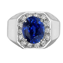 Round Natural Earth Mined Diamond Halo Oval Sapphire Ring Gold Men's Jewelry 3.50 Carats