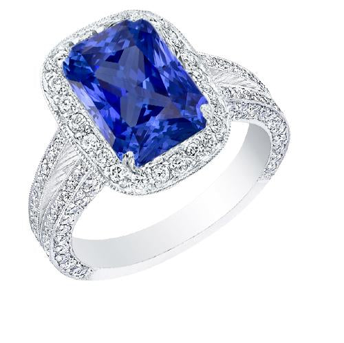 Round Diamond Halo Radiant Sapphire Ring Split Milgrain Shank 5 Carats - Gemstone Ring-harrychadent.ca