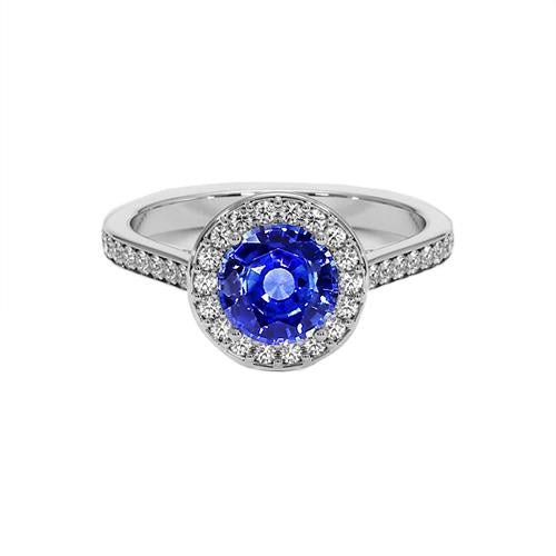 Round Diamond Halo Ring Ceylon Sapphire 4 Carats White Gold Accents - Gemstone Ring-harrychadent.ca