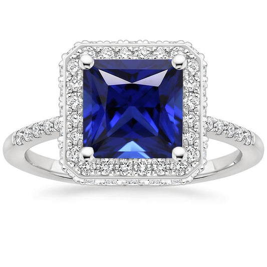 Round Diamond Halo Ring With Princess Cut Blue Sapphire Center 6 Carat - Gemstone Ring-harrychadent.ca