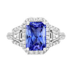 Round Natural Earth Mined Diamond Halo Sapphire Ring 4 Carats Baguette & Emerald Accents