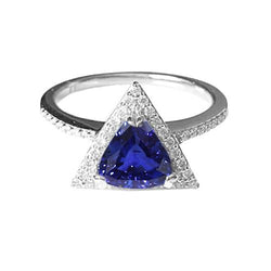 Round Natural Earth Mined Diamond Halo Trillion Sapphire Ring 1.50 Carats Ladies Jewelry