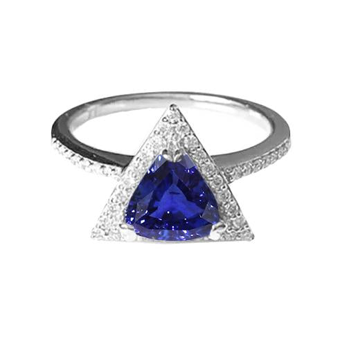 Round Diamond Halo Trillion Sapphire Ring 1.50 Carats Ladies Jewelry - Gemstone Ring-harrychadent.ca