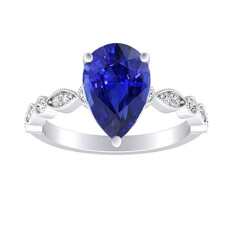 Round Diamond & Pear Blue Sapphire Anniversary Ring 2 Carats Milgrain - Gemstone Ring-harrychadent.ca