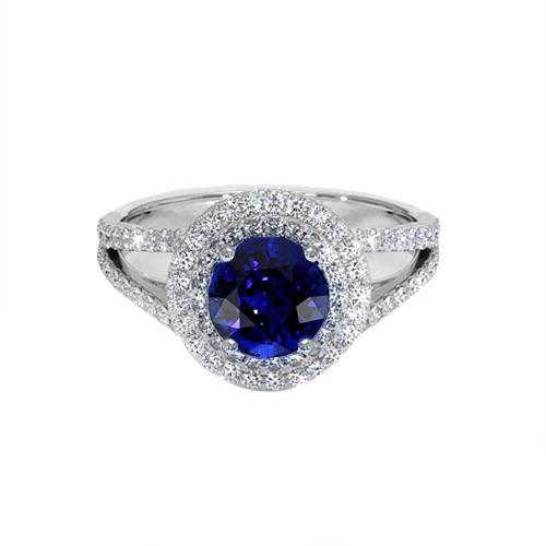 Round Diamond Ring Halo Blue Sapphire 3.50 Carats New Gemstone Gold - Gemstone Ring-harrychadent.ca