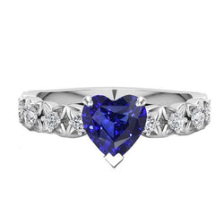 Round Natural Earth Mined Diamond Ring Heart Cut Sri Lankan Sapphire 2 Carats With Accents