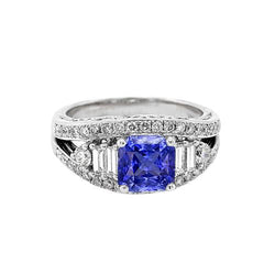 Round Natural Earth Mined Diamond Sapphire Ring Open Eye Style Split Shank 2.50 Carats