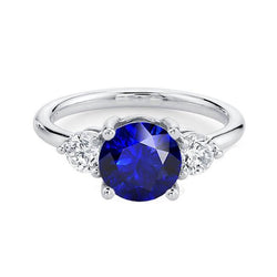 Round Diamond Three Stone Deep Blue Sapphire Ring 2.50 Carats Jewelry