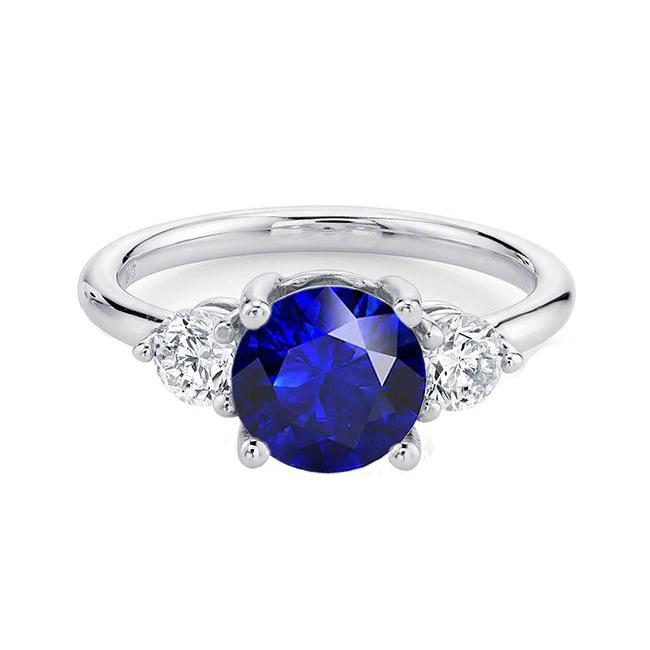 Round Diamond Three Stone Deep Blue Sapphire Ring 2.50 Carats Jewelry - Gemstone Ring-harrychadent.ca