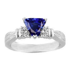 Round Natural Earth Mined Diamond Three Stone Ring Trillion Ceylon Sapphire 1.75 Carats