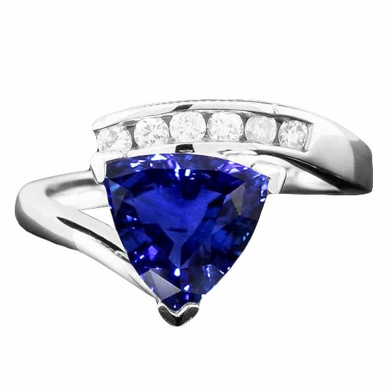 Round Diamond Trillion Blue Sapphire Ring Tension Channel Set 2 Carats - Gemstone Ring-harrychadent.ca