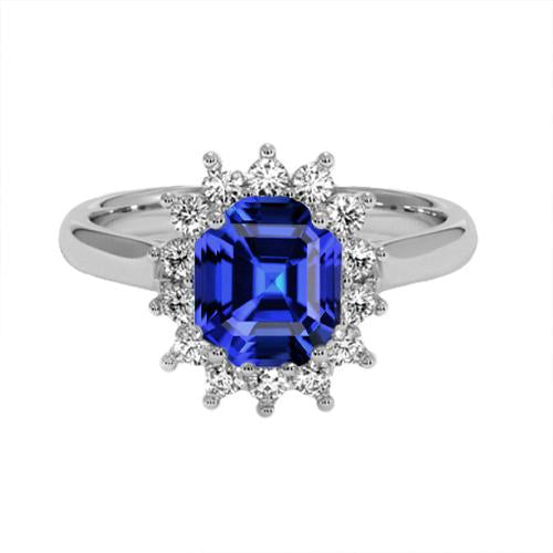 Round Halo Diamond Asscher Cut Blue Sapphire 6.50 Carats Ring Gold 14K - Gemstone Ring-harrychadent.ca