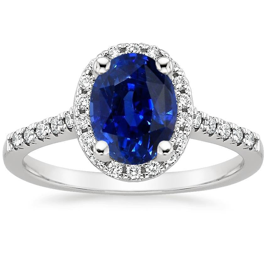 Round Halo Diamond Engagement Ring Oval Ceylon Sapphire 6 Carats Gold - Gemstone Ring-harrychadent.ca