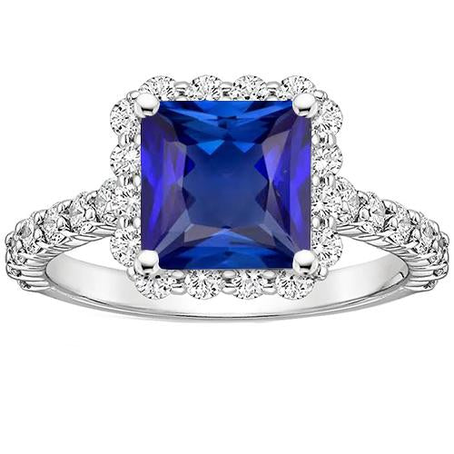 Round Halo Diamonds & Princess Sri Lankan Sapphire Ring 4.50 Carats - Gemstone Ring-harrychadent.ca