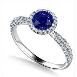 Round Halo Ring Ceylon Sapphire 3 Carats Multi Row Pave Set Natural Earth Mined Diamonds