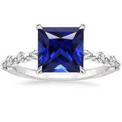 Round & Pear Natural Earth Mined Diamonds Ring With Princess Cut Blue Sapphire 5.25 Carats