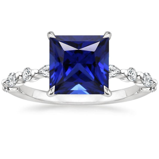 Round & Pear Diamonds Ring With Princess Cut Blue Sapphire 5.25 Carats - Gemstone Ring-harrychadent.ca