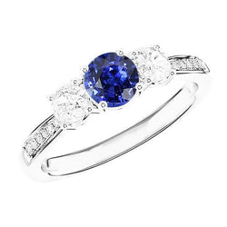 Round Sapphire & Natural Earth Mined Diamond Ring White Gold 2.50 Carats 3 Stone Style