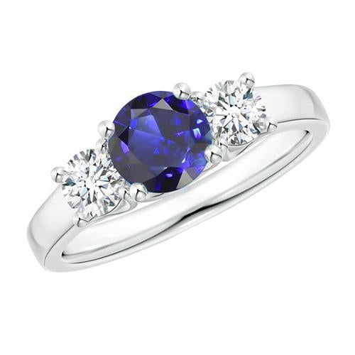 Round Three Stone Blue Sapphire & Diamond Gemstone Ring 1.75 Carats - Gemstone Ring-harrychadent.ca