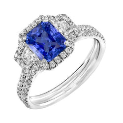 Round & Trapezoid Natural Earth Mined Diamond Halo Sapphire Engagement Ring 4 Carats