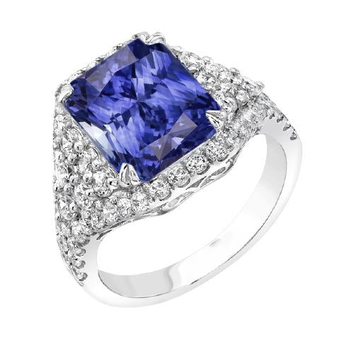 Sapphire Gemstone Ring 4.50 Carats Multi Row Pave Set Diamond Shank - Gemstone Ring-harrychadent.ca