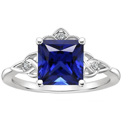 Small Diamond & Princess Cut Blue Sapphire Antique Style Ring Gold 14K - Gemstone Ring-harrychadent.ca