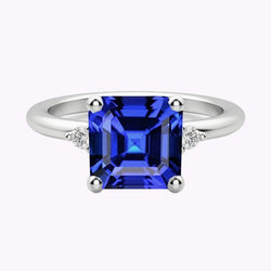 Small Round Natural Earth Mined Diamond 3 Stone Blue Sapphire Ring Asscher Cut 2.75 Carats