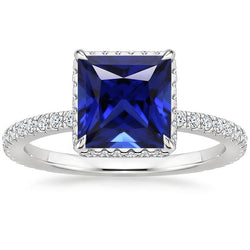 Solitaire Accent Ring Blue Sapphire and Natural Earth Mined Diamond 6 Carat White Gold