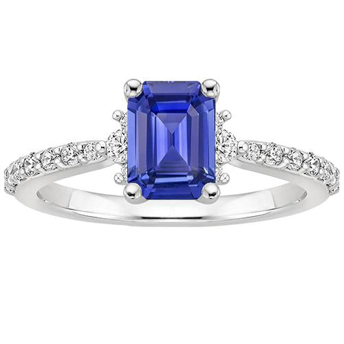 Solitaire Accents Ring Blue Sapphire & Diamond 4 Carats Emerald Cut - Gemstone Ring-harrychadent.ca