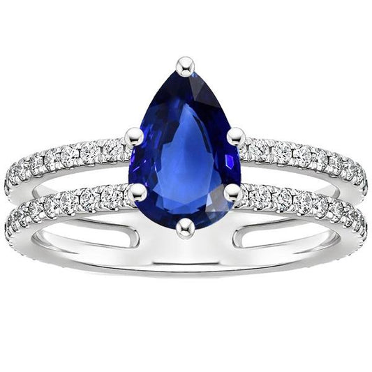 Solitaire Accents Ring Double Shank Blue Sapphire & Diamonds 4 Carats - Gemstone Ring-harrychadent.ca