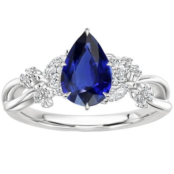 Solitaire Accents Ring Pear Blue Sapphire & Diamonds 3.75 Carats - Gemstone Ring-harrychadent.ca